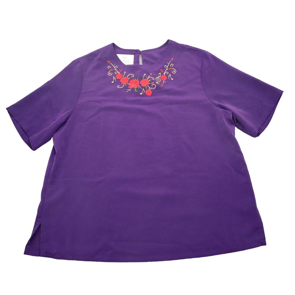 BonWorth Shirt Womens M Purple Embroidered Short Sleeve Crew Neck Blouse